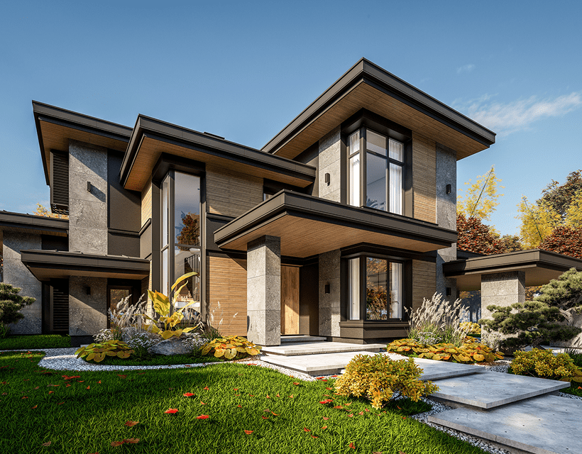 Modern two-story house with landscaped garden.