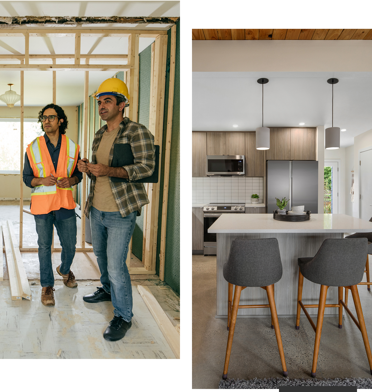 Construction workers and modern kitchen interior design.