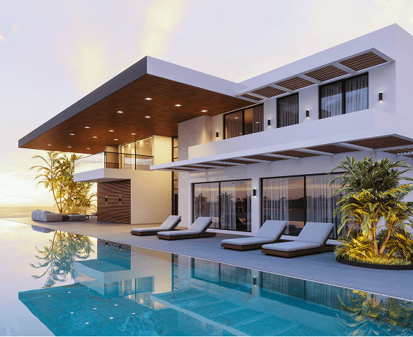 Contemporary beachfront house at sunset