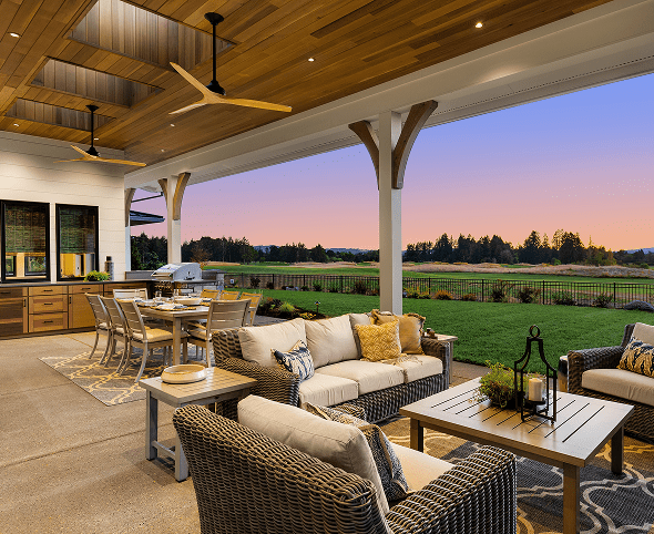 Elegant patio with sunset backdrop